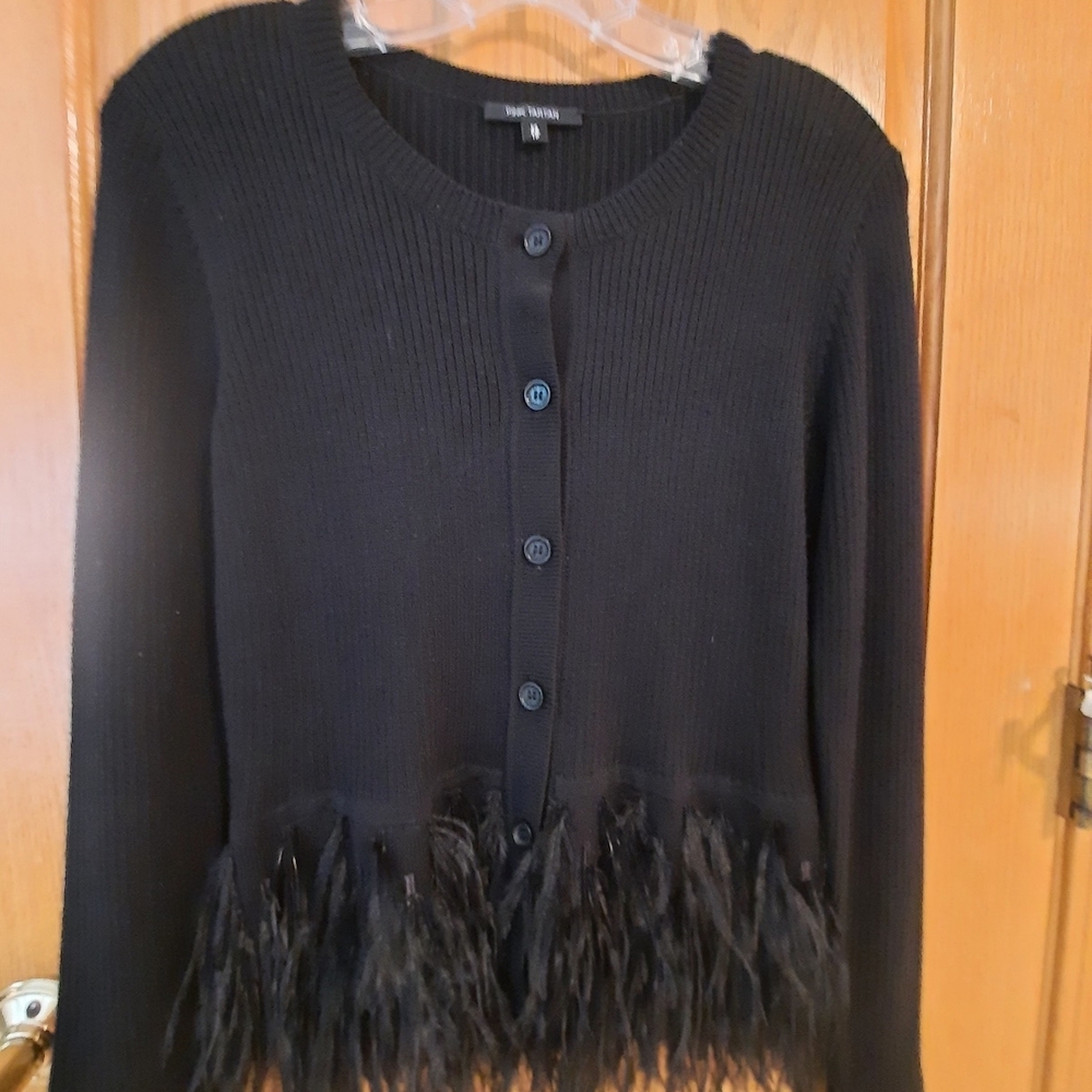Pink Tartan Black Feather-Trim Cardigan